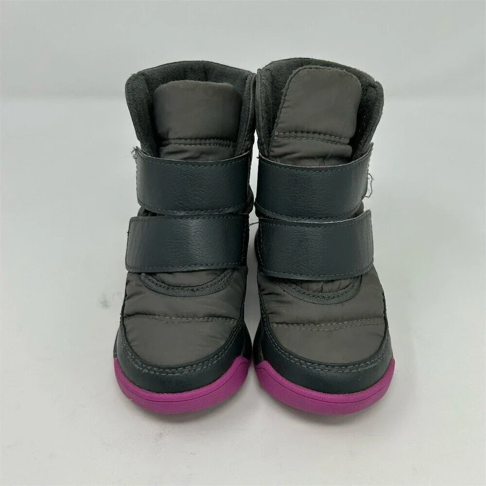 Sorel Kids Whitney II Strap Winter Snow Boots Gray Charcoal Purple Size 8